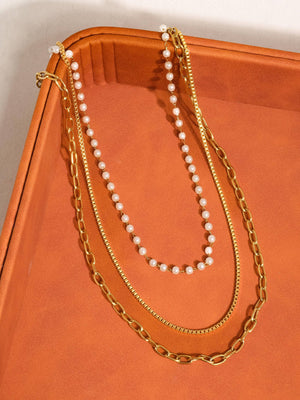 Cadeaux 18K Gold Non-Tarnish Stacked Pearl Chain Necklace: Yellow Gold