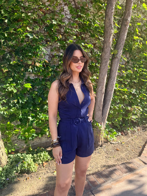Linen Halter Romper- Navy