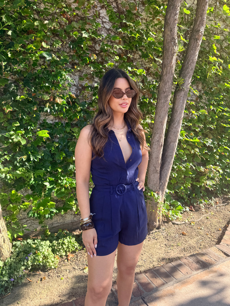 Linen Halter Romper- Navy