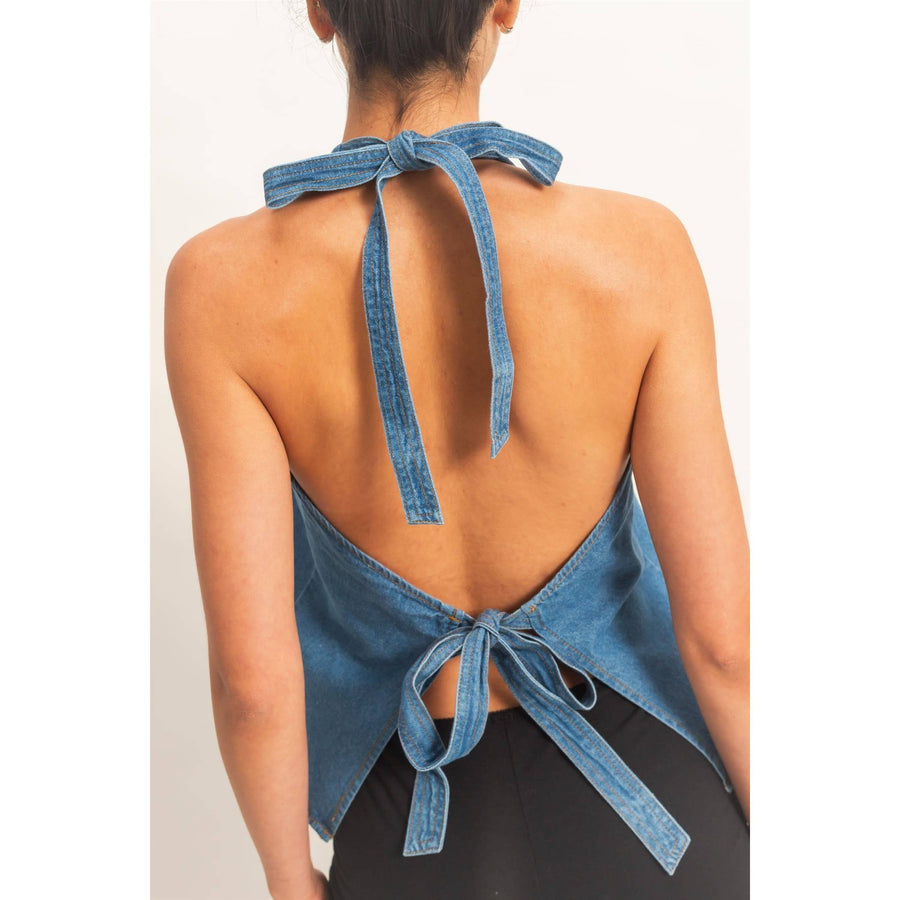 Denim Back Tie Halter Vest: Med. Wash