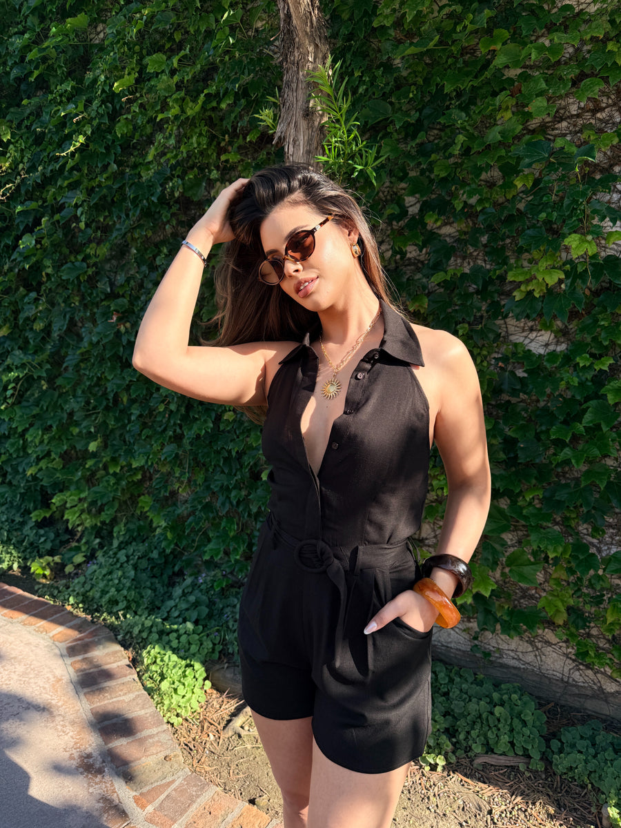 Linen Halter Romper- Black