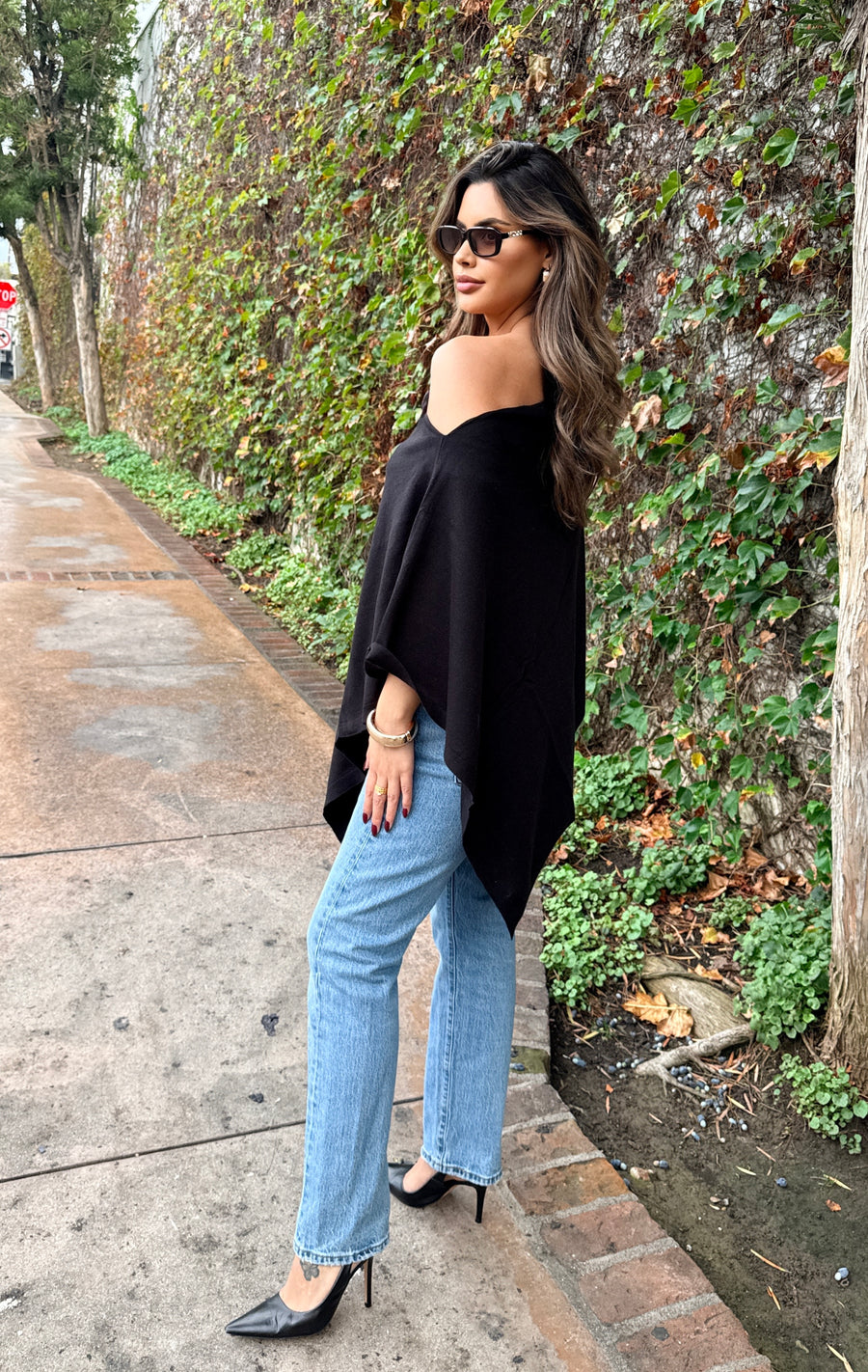Asymmetrical Knit Poncho- Black