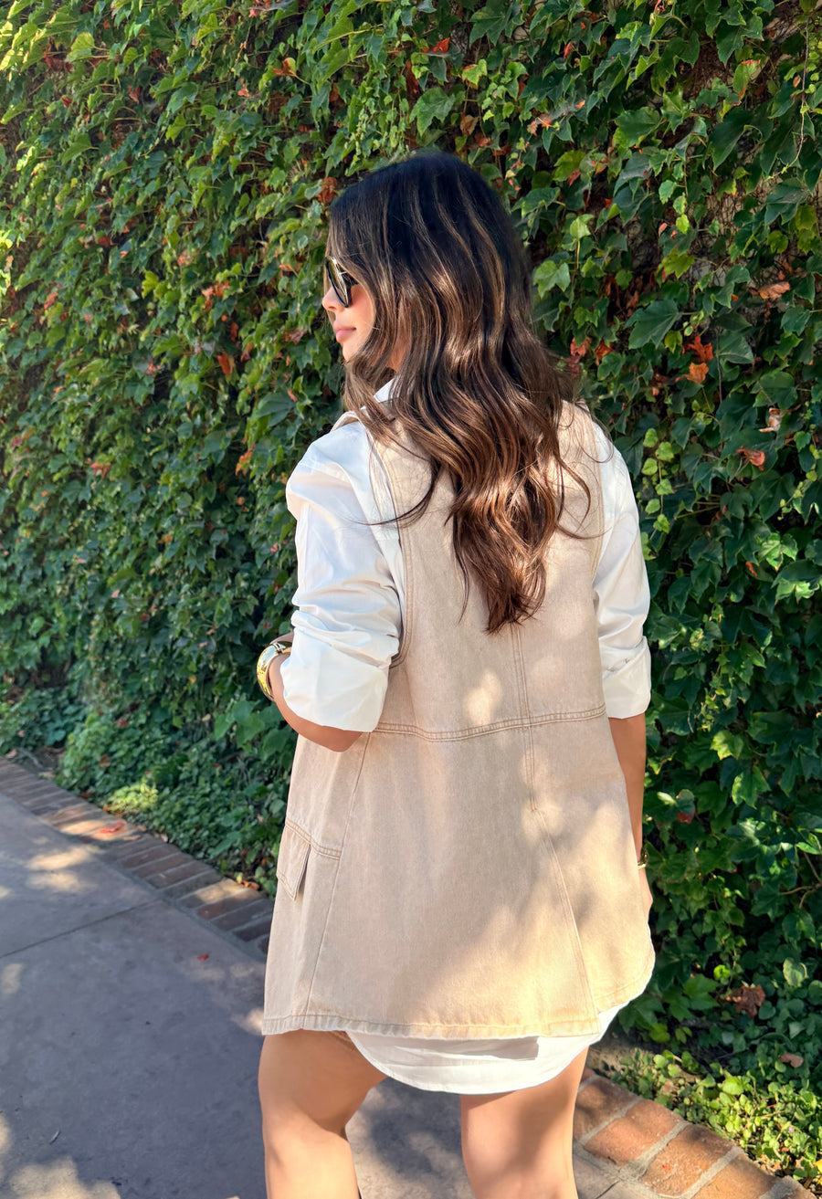 Vintage Wash Denim Vest-Sand
