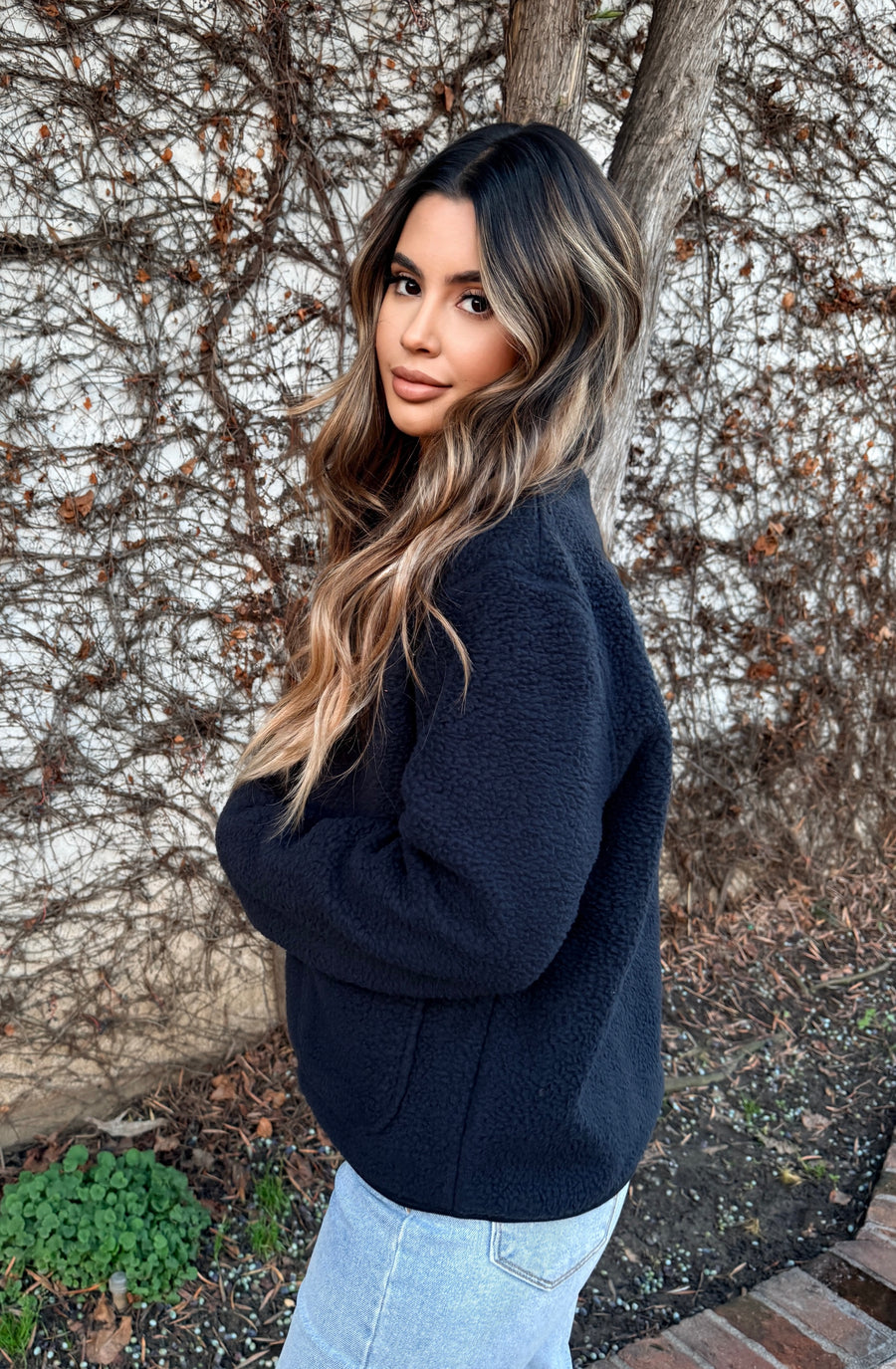 Cozy Button Down Sherpa Jacket- Navy