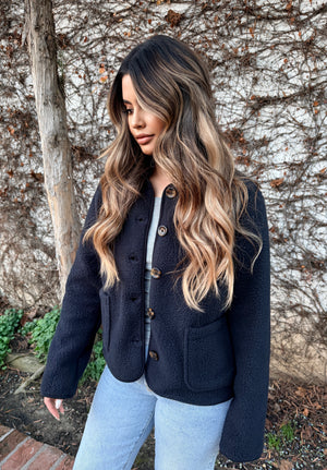 Cozy Button Down Sherpa Jacket- Navy