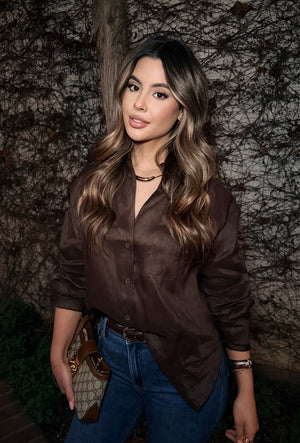 The Coastal Linen Button Down- Chocolate
