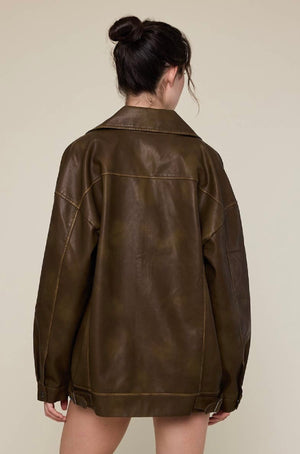 Faux Leather Collared Oversized Jacket- Muddy Green