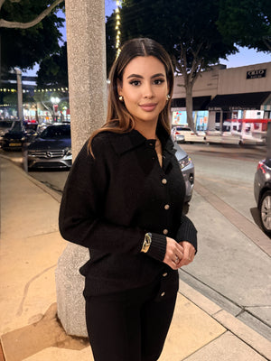 Wide Collar Cardigan- Black