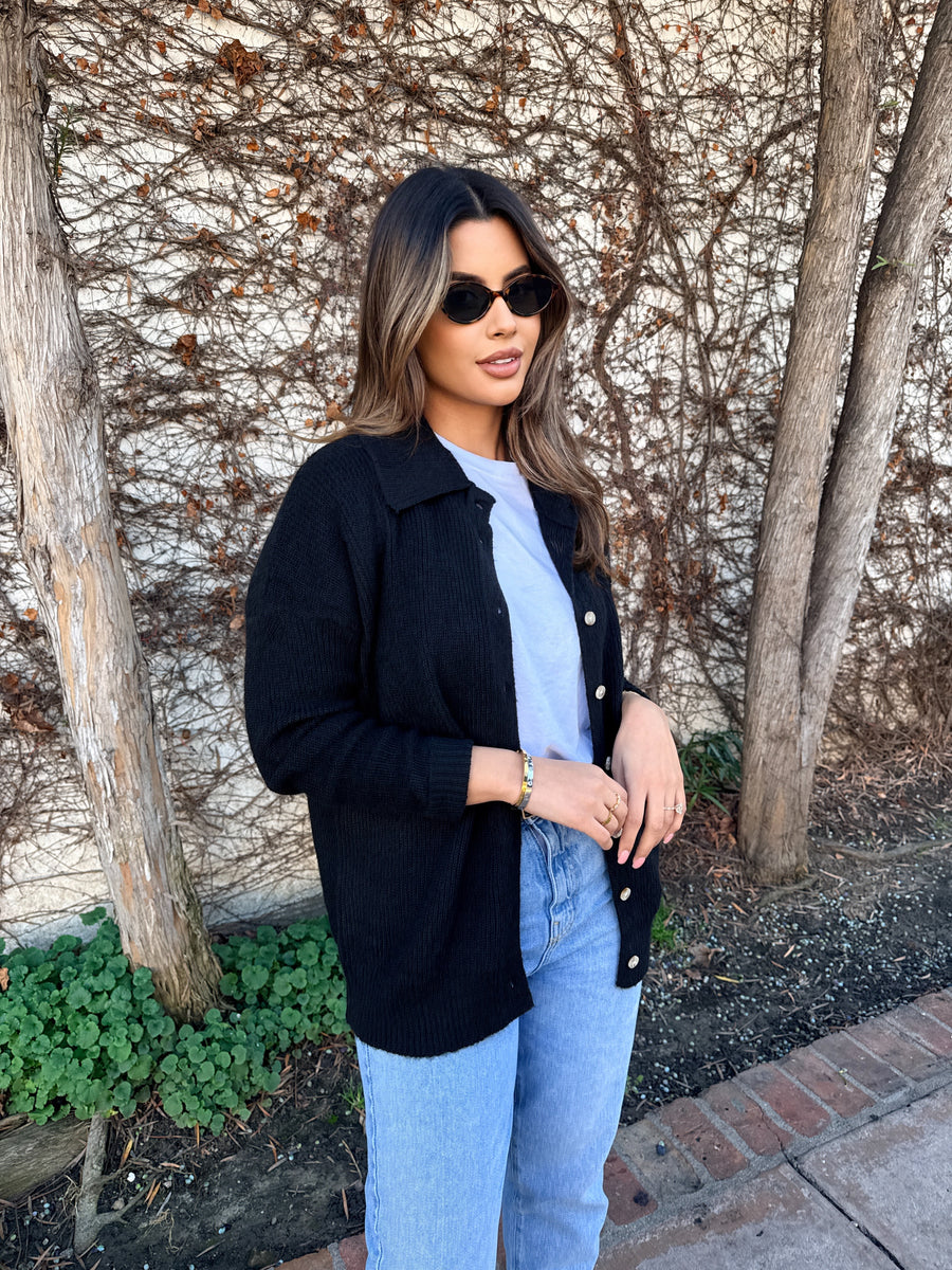Wide Collar Cardigan- Black