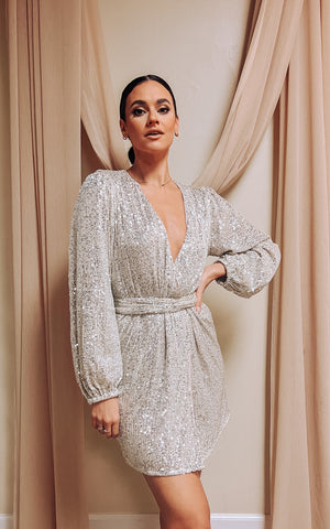 Look Out Weekend Wrap Dress- Silver